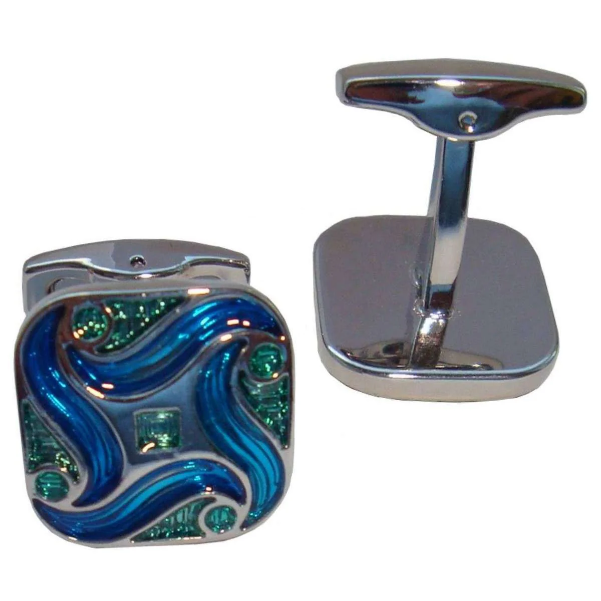 Bassin and Brown Art Nouveau Enamel Cufflinks - Blue/Green/Silver - Image 2