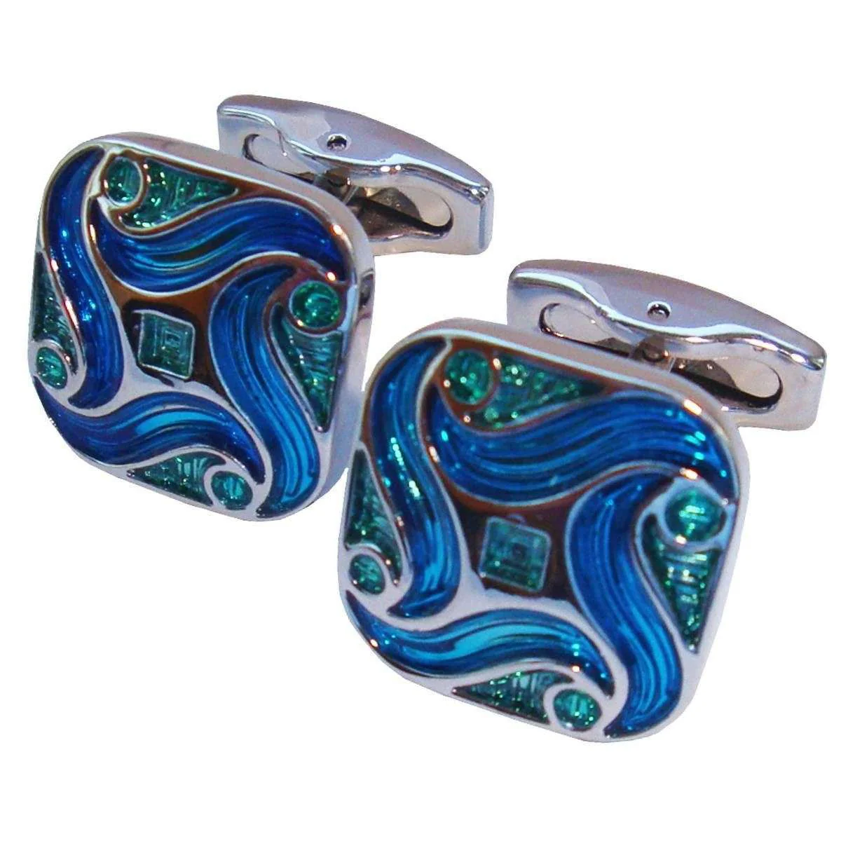 Bassin and Brown Art Nouveau Enamel Cufflinks - Blue/Green/Silver - Image 3