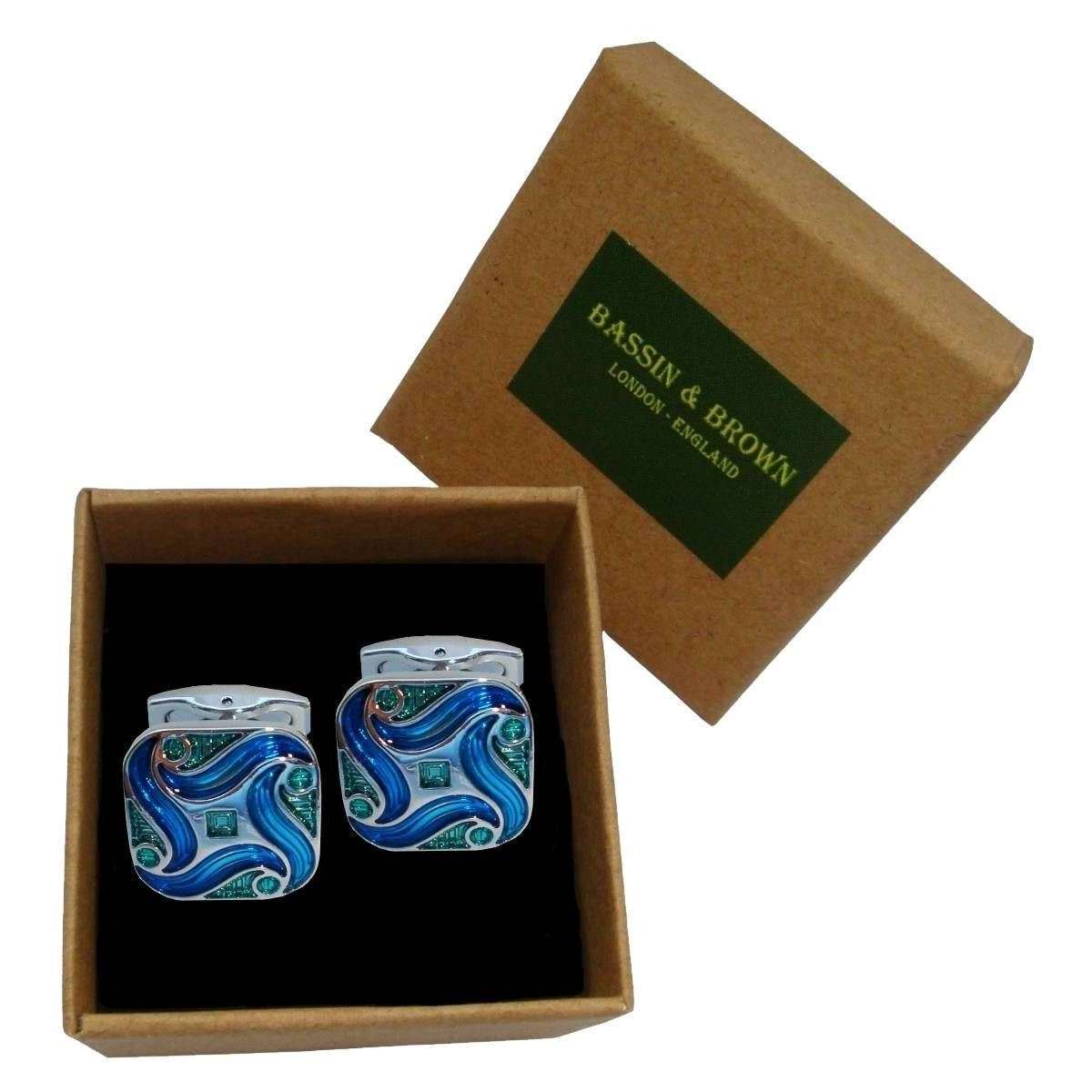 Bassin and Brown Art Nouveau Enamel Cufflinks - Blue/Green/Silver - Image 4