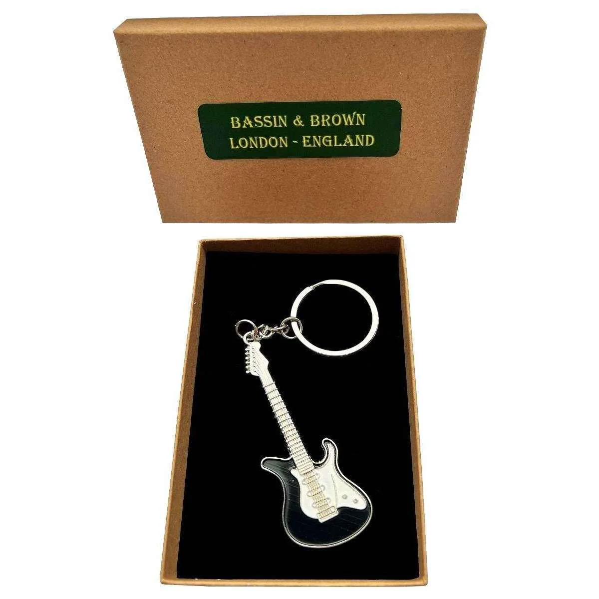 Bassin and Brown Guitar Key Ring - Black/White/Silver - Image 3