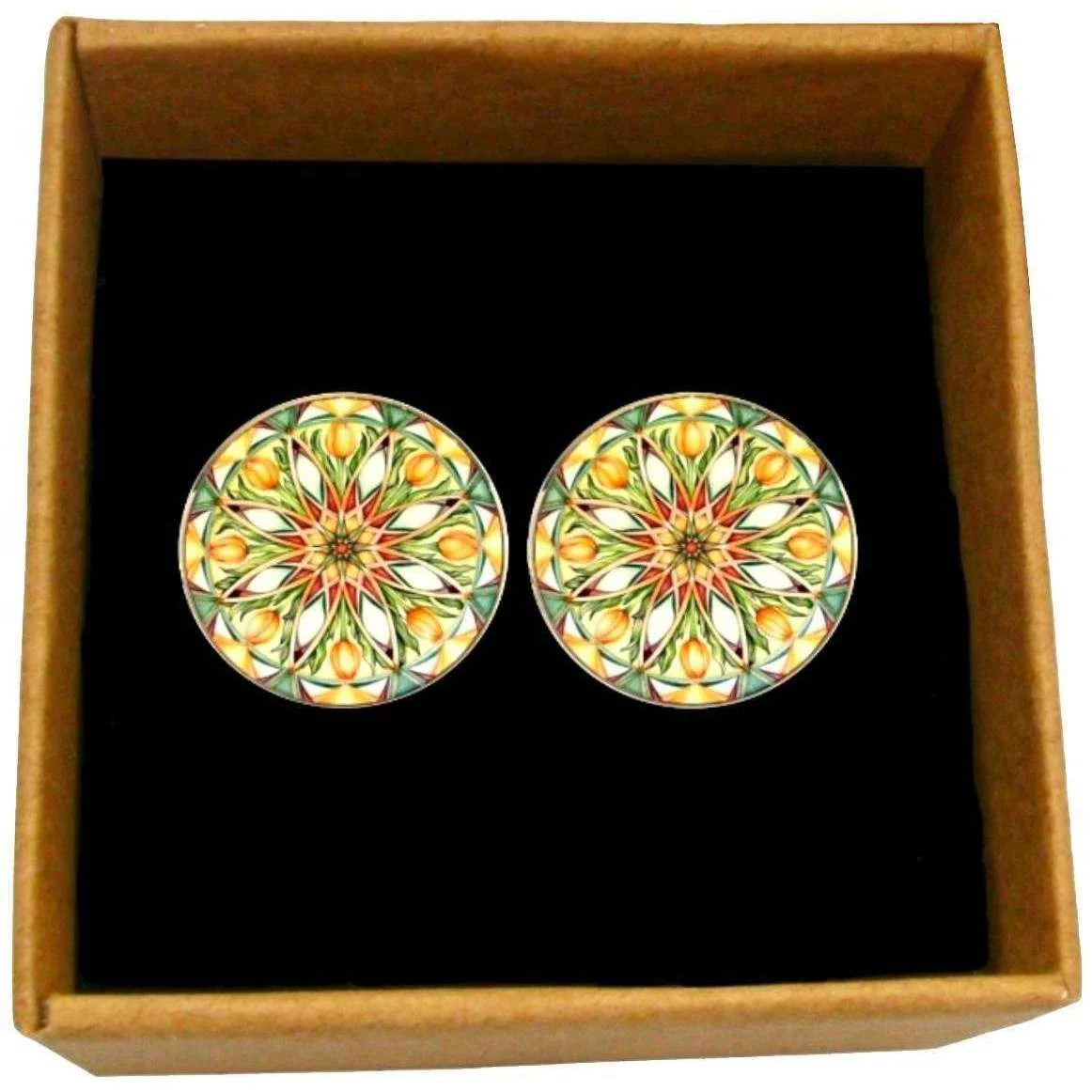 Bassin and Brown Kaleidoscope Flower Spray Cufflinks - Green/White/Orange - Image 3