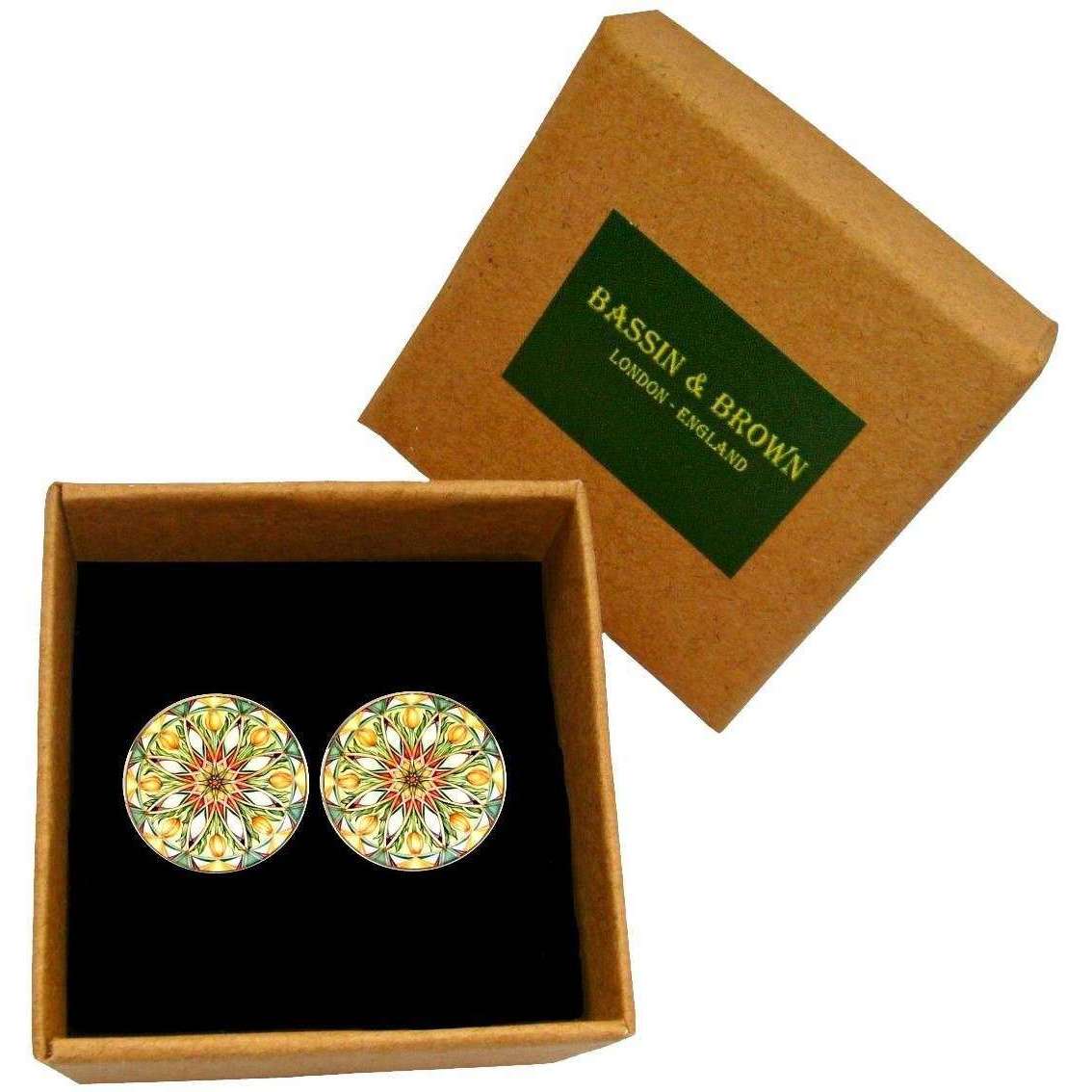 Bassin and Brown Kaleidoscope Flower Spray Cufflinks - Green/White/Orange - Image 4