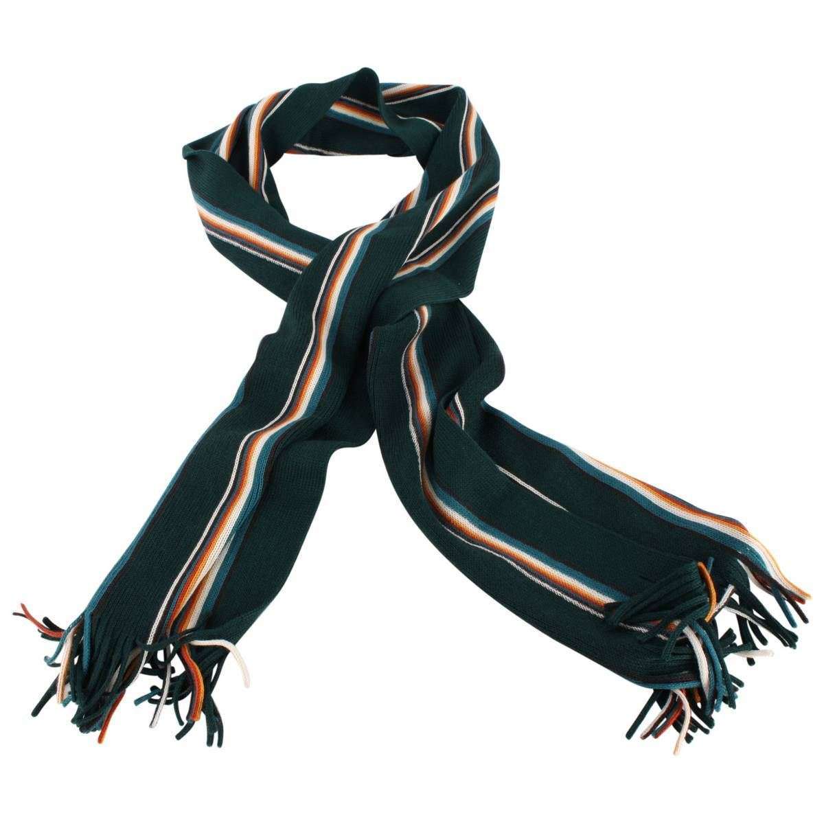 Bassin and Brown Puskas Striped Wool Scarf - Green/Cream/Tango - Image 2