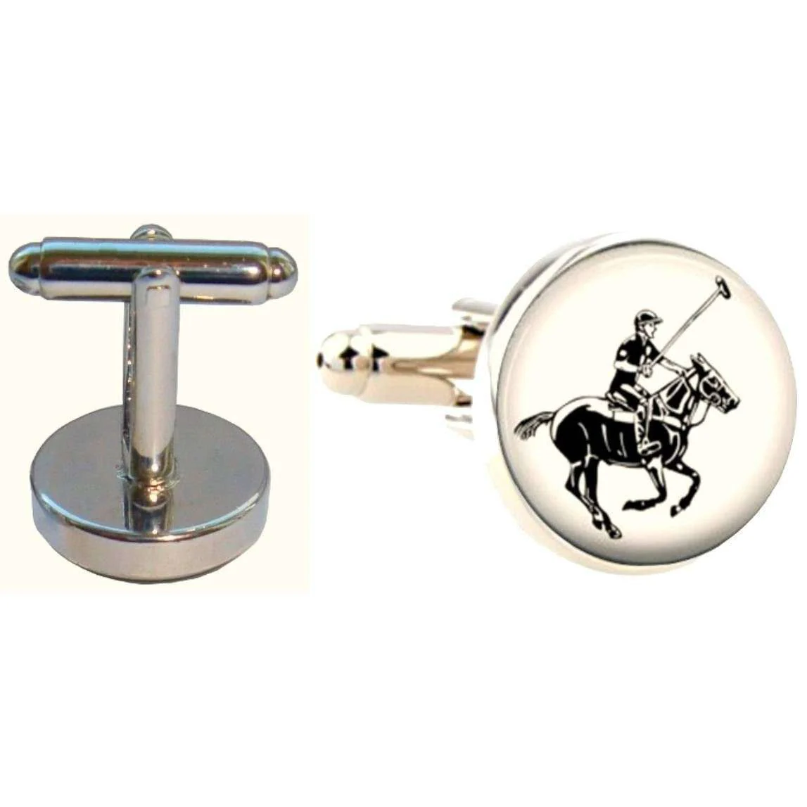 Bassin and Brown Round Horse Polo Cufflinks - White/Black - Image 2