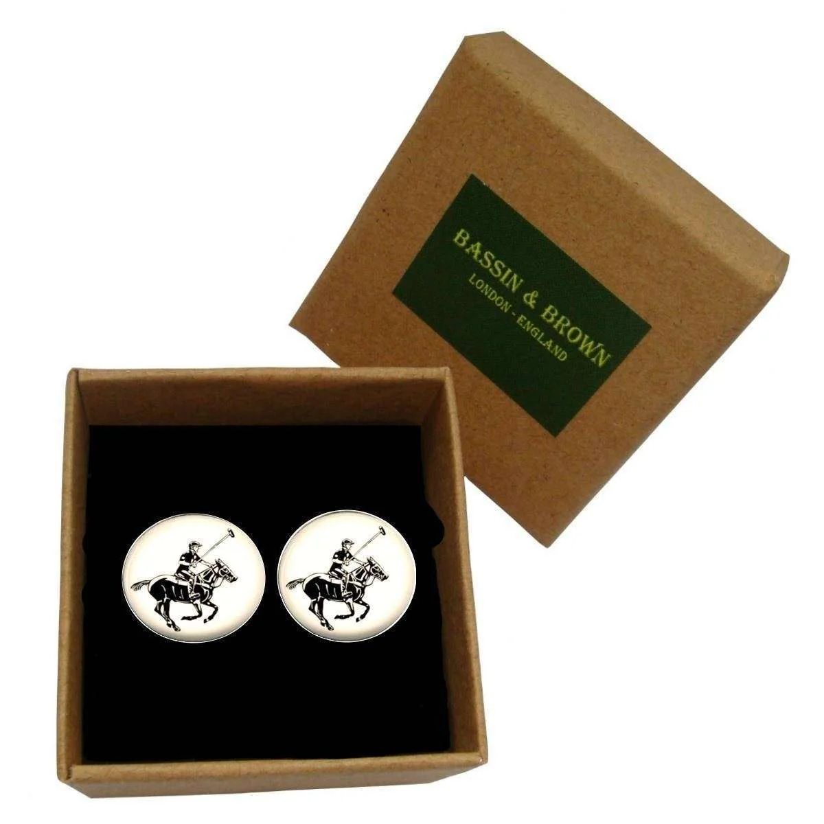 Bassin and Brown Round Horse Polo Cufflinks - White/Black - Image 4