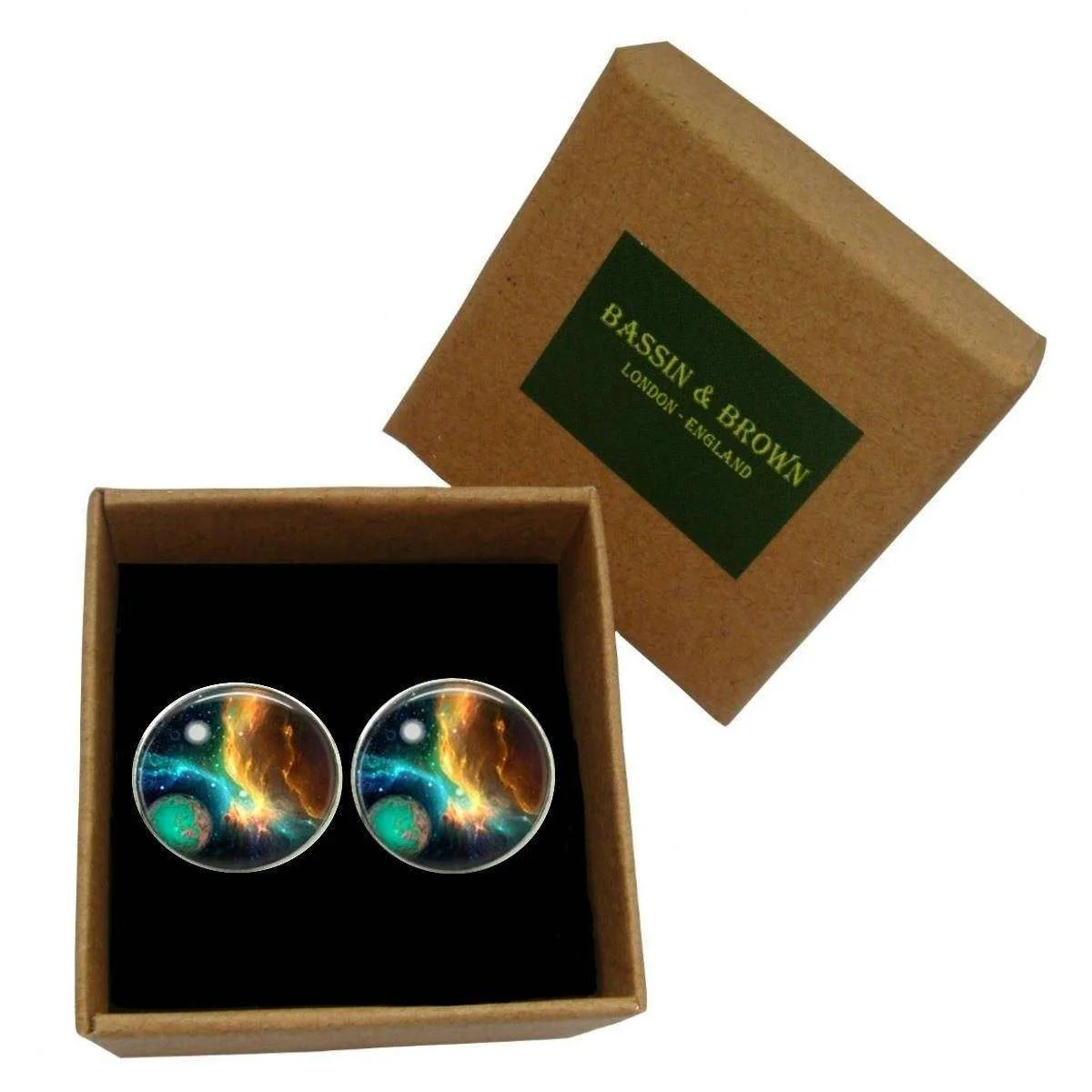 Bassin and Brown Space and Planet Cufflinks - Navy/Green/Yellow - Image 2