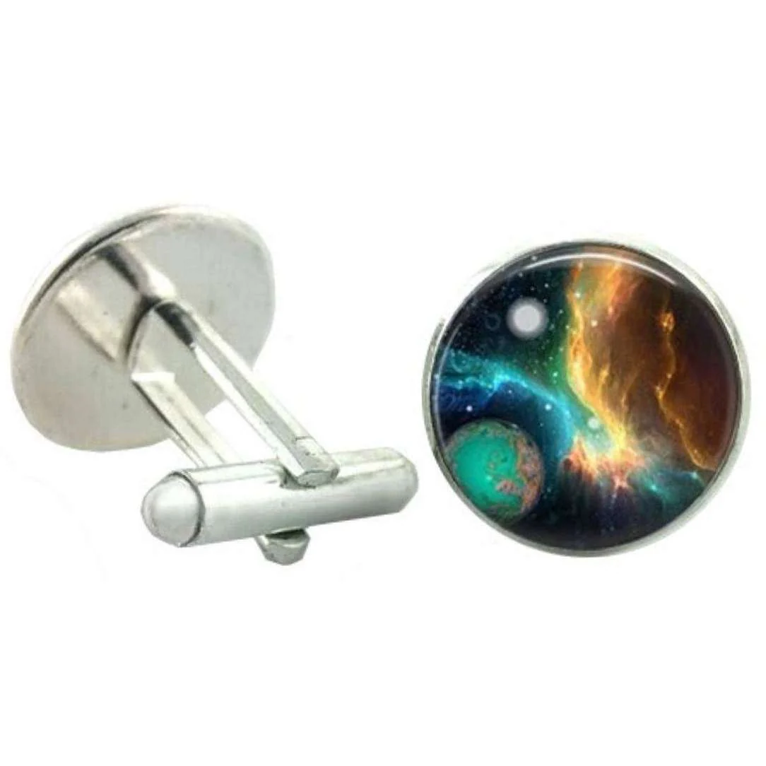 Bassin and Brown Space and Planet Cufflinks - Navy/Green/Yellow - Image 3