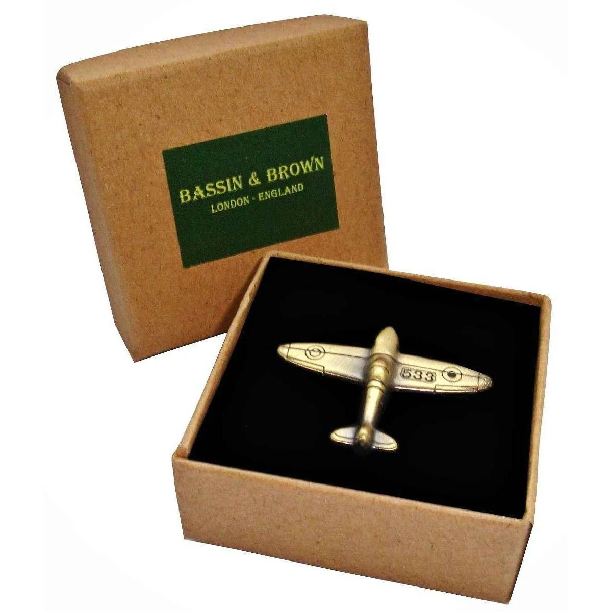 Bassin and Brown Spitfire Airplane Lapel Pin - Antique Bronze - Image 5