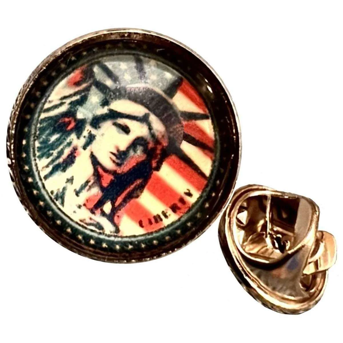 Bassin and Brown Statue of Liberty USA Flag Lapel Pin - Red/White/Blue - Image 2