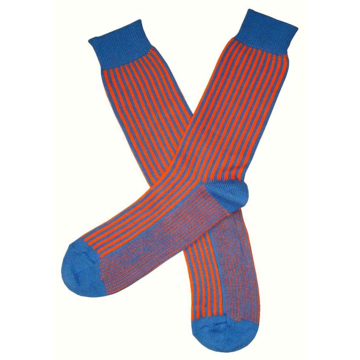 Bassin and Brown Vertical Stripe Midcalf Socks - Blue/Orange - Image 2
