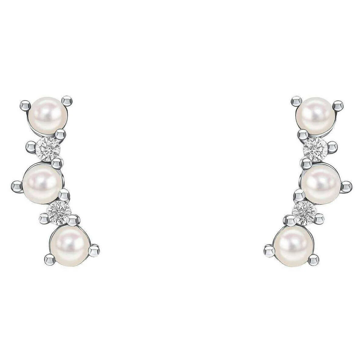 Beginnings Curved Freshwater Pearl and Crystal Crawler Earrings - Silver/White