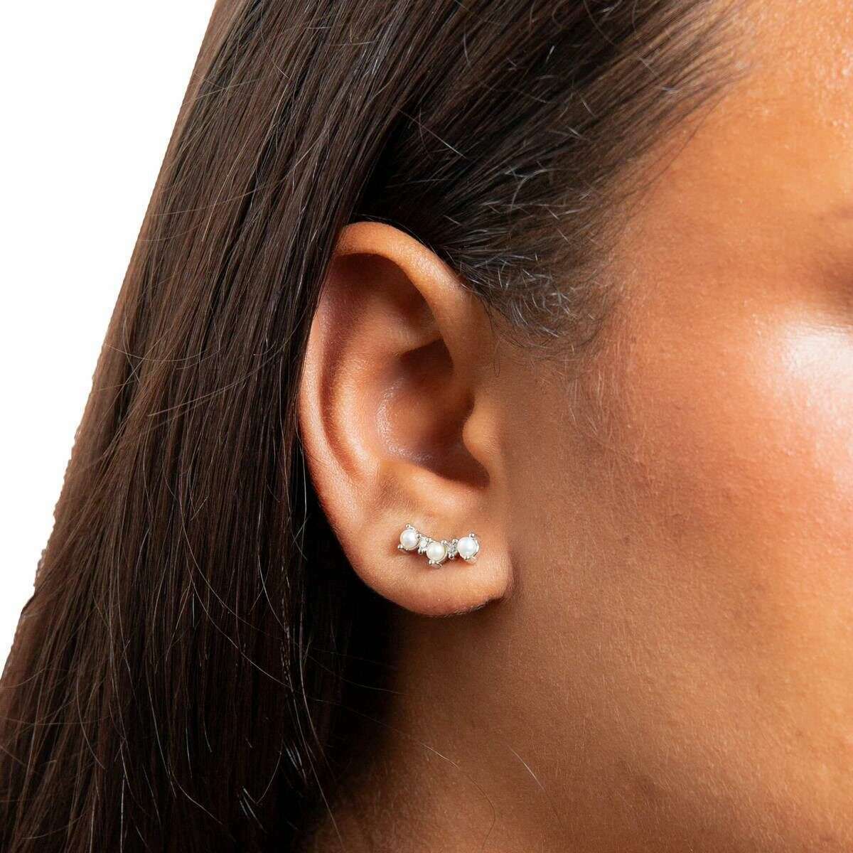 Beginnings Curved Freshwater Pearl and Crystal Crawler Earrings - Silver/White - Image 2