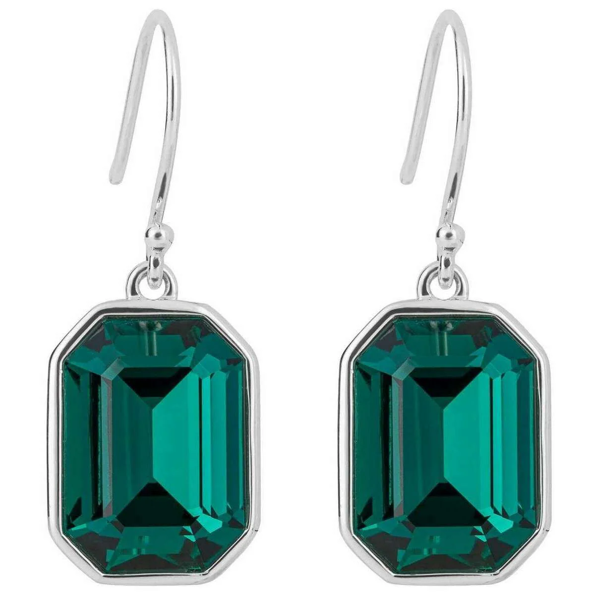 Beginnings Elongated Octagon Crystal Drop Earrings - Silver/Emerald Green
