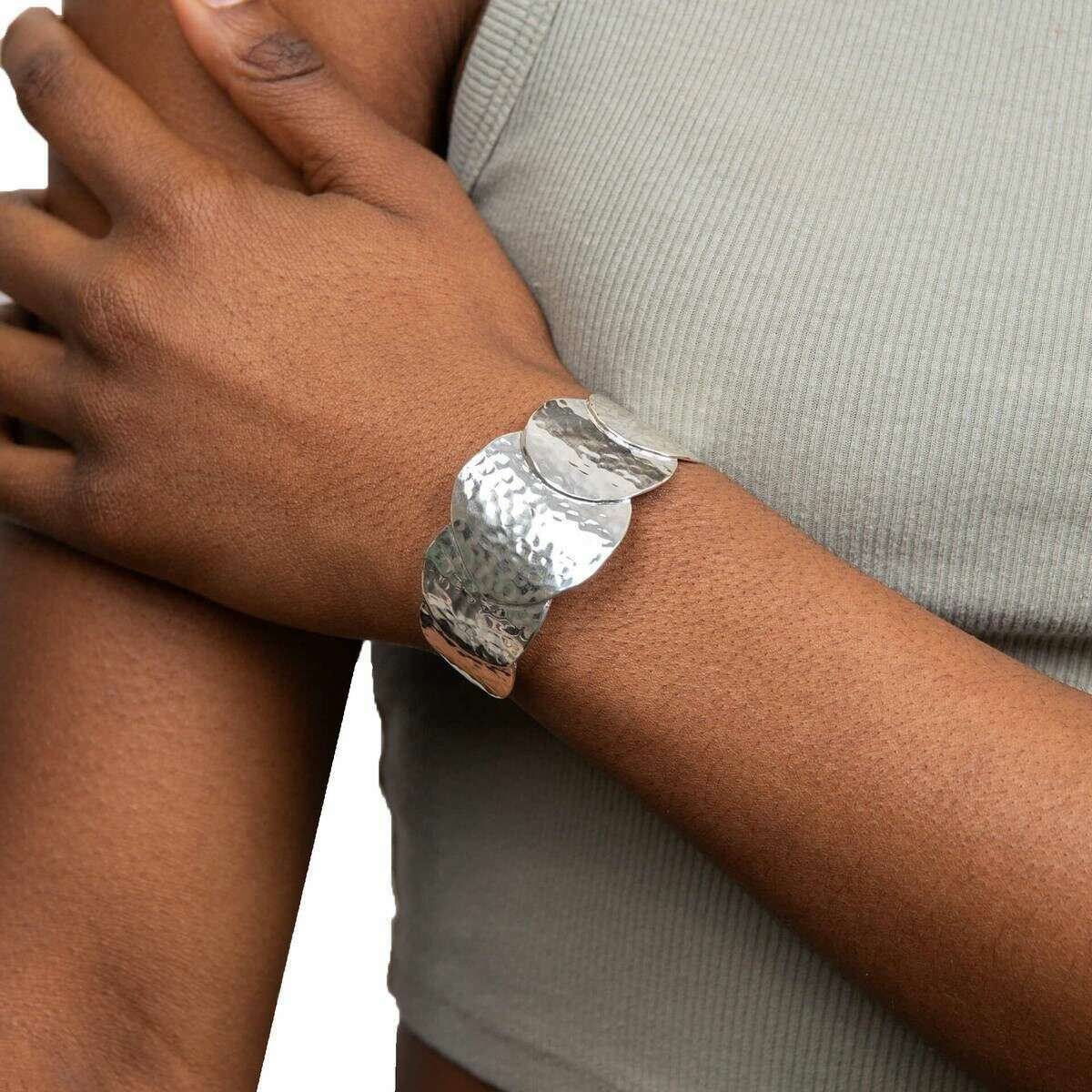 Beginnings Hammered Disc Statement Cuff Bangle - Silver - Image 2