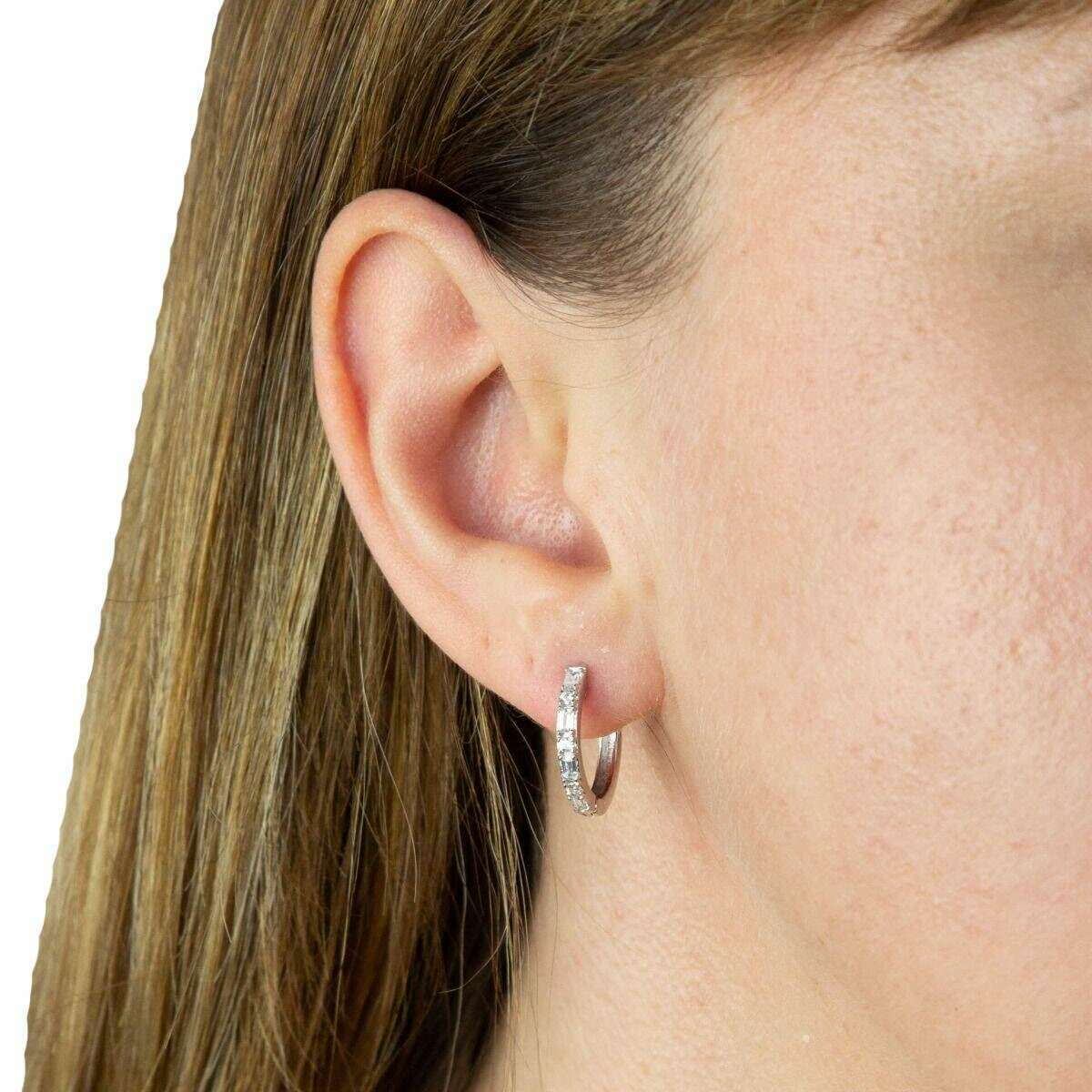 Beginnings Hinged Baguette and Round Cut Gemstone 15mm Hoop Earrings - Silver - Image 2