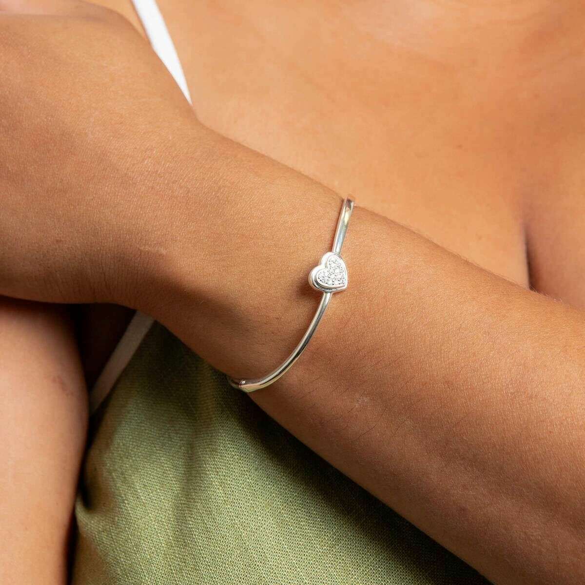 Beginnings Hinged Heart CZ Bangle - Silver - Image 2