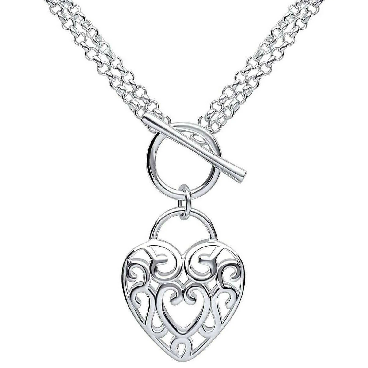 Beginnings Large Filigree Heart Double Chain T-Bar Necklace - Silver - Image 2