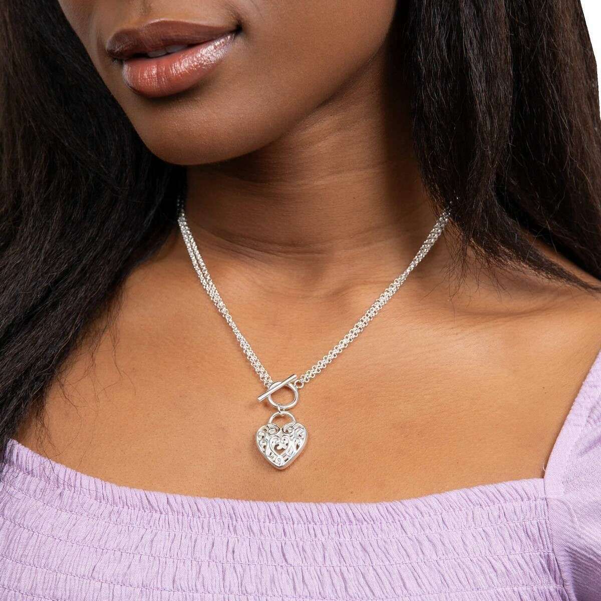 Beginnings Large Filigree Heart Double Chain T-Bar Necklace - Silver - Image 3
