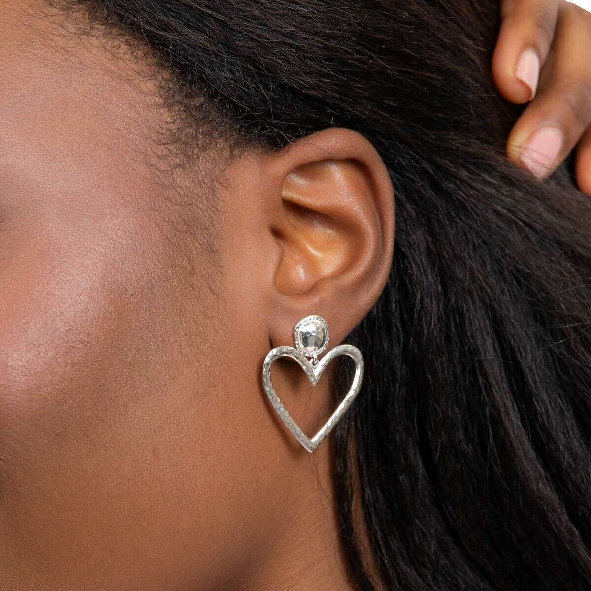 Beginnings Large Hammered Heart Drop Earrings - Silver - Image 2