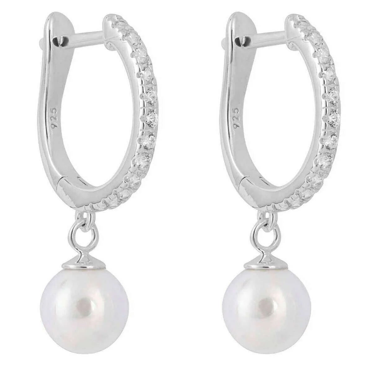 Beginnings Pave Pearl Drop Charm Hoop Earrings - Silver/White