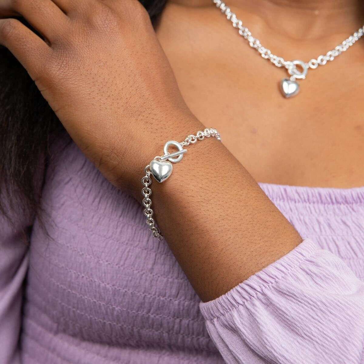 Beginnings Puff Heart T-Bar Chain Bracelet - Silver - Image 3