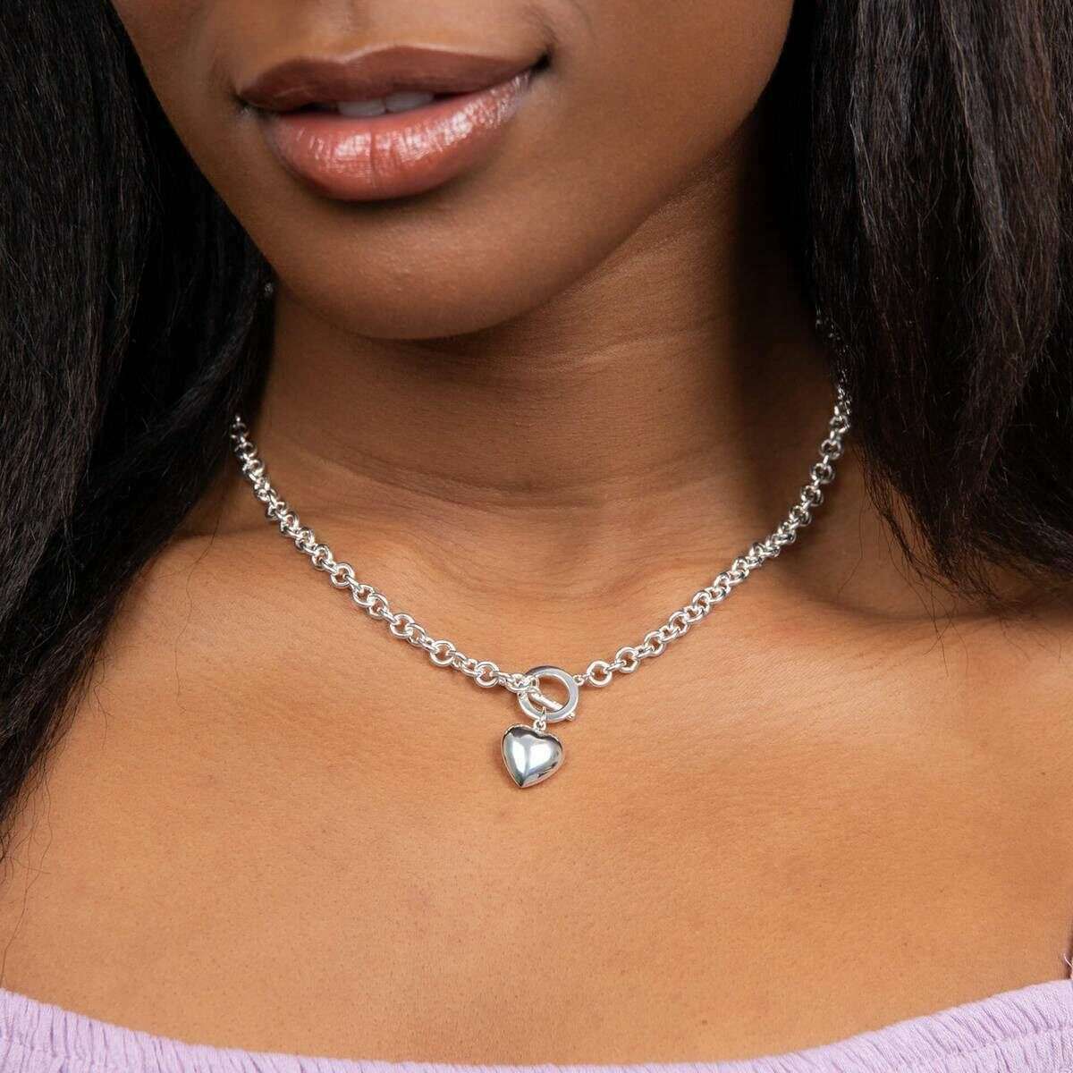 Beginnings Puff Heart T-Bar Chain Necklace - Silver - Image 3