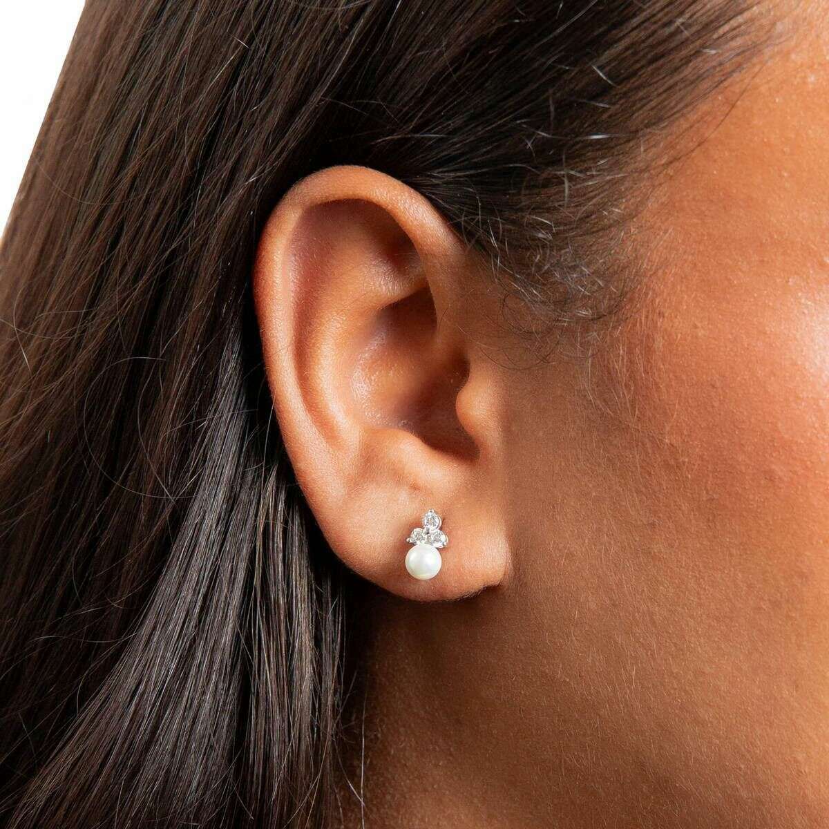 Beginnings Shell Pearl with Crystal Stud Earrings - Silver/White - Image 2