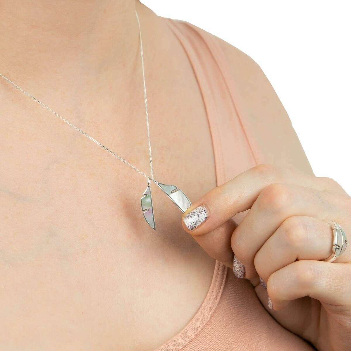 Beginnings Split Leaf with Mother of Pearl Double Pendant - Silver/White - Image 3
