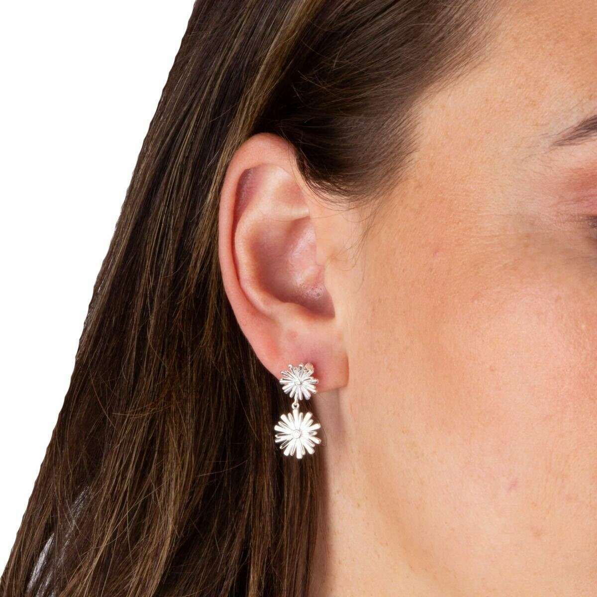 Beginnings Stylised Double Flower Gemstone Drop Earrings - Silver - Image 2