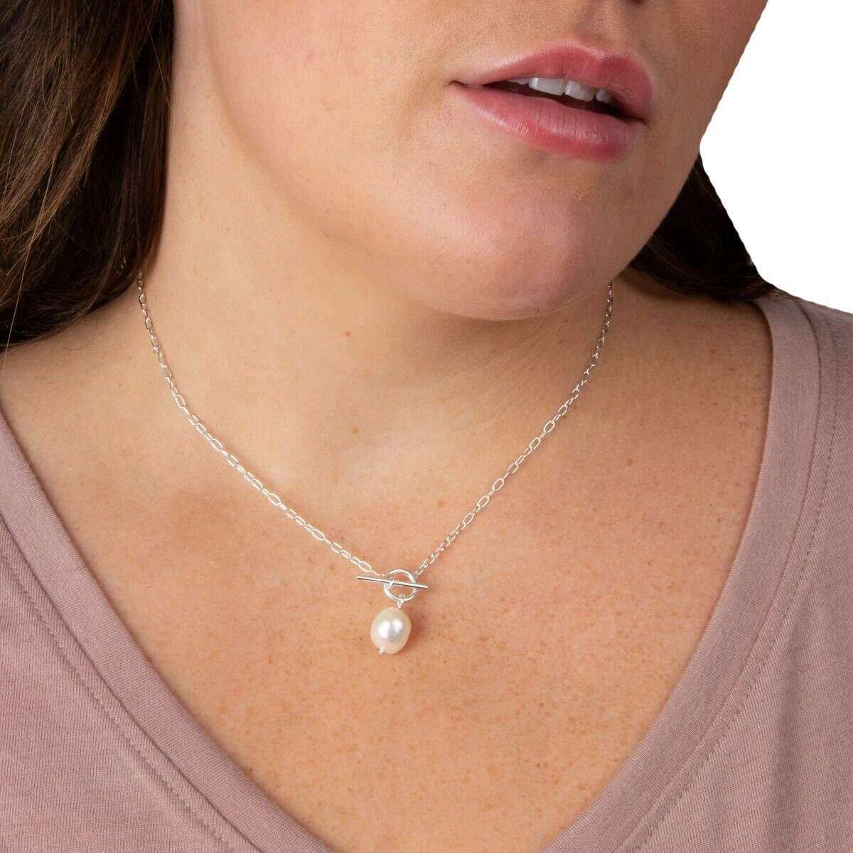 Beginnings T-Bar Chain with White Pearl Necklace - Silver/White - Image 2