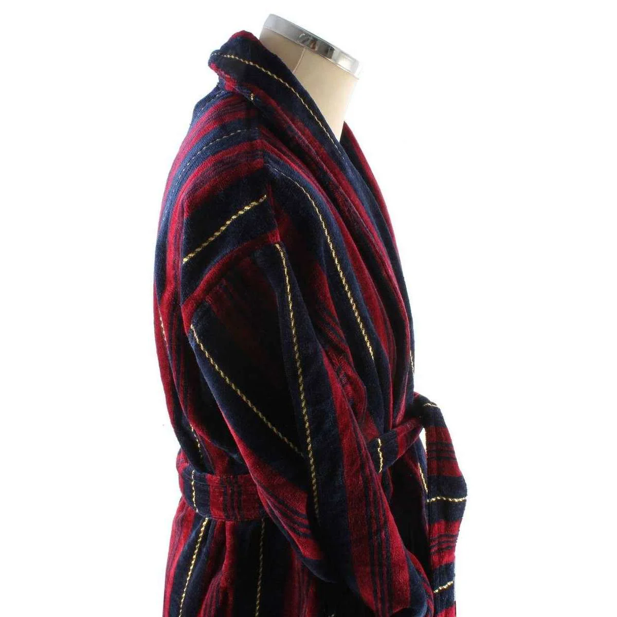 Bown of London Marchand Egyptian Cotton Velour Dressing Gown - Wine/Navy/Gold - Image 4