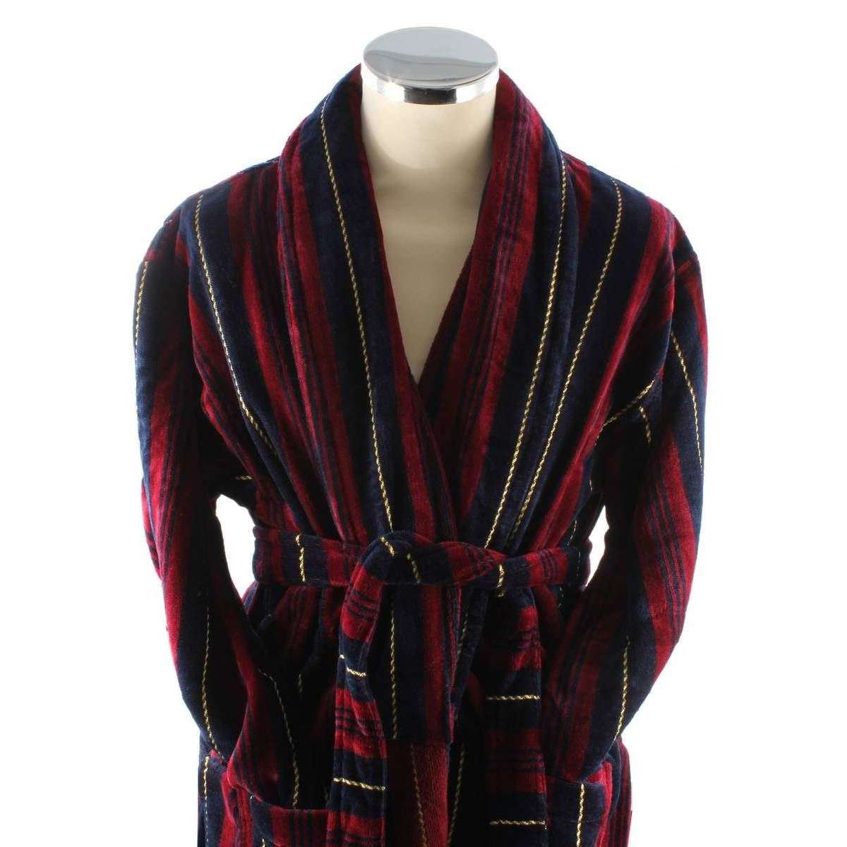 Bown of London Marchand Egyptian Cotton Velour Dressing Gown - Wine/Navy/Gold - Image 5