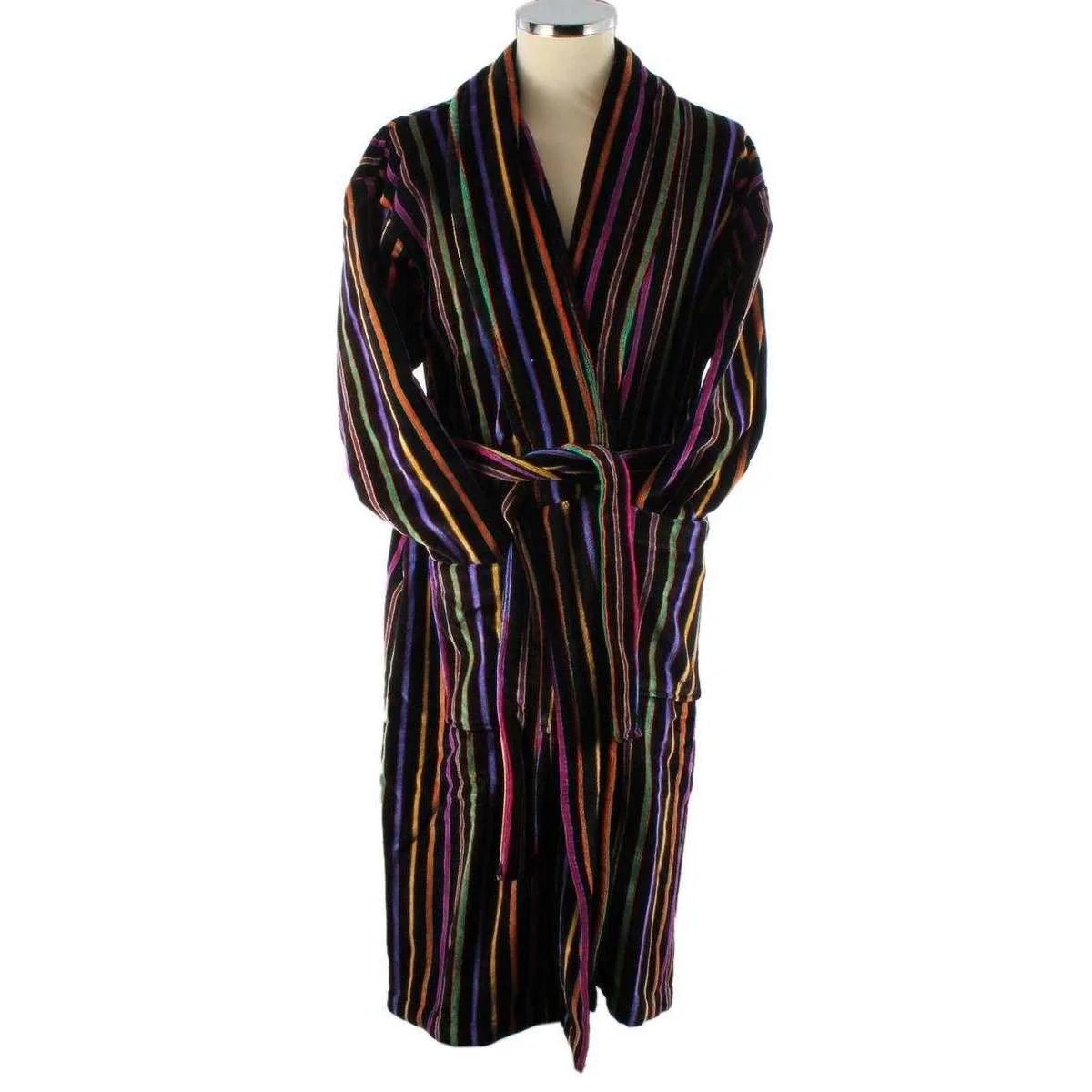 Bown of London Mozart Bold Primary Striped Cotton Velour Dressing Gown - Black/Multi-colour - Image 4