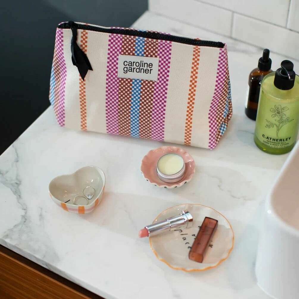 Caroline Gardner Check Stripe Canvas Beauty Bag - White/Pink/Orange - Image 2