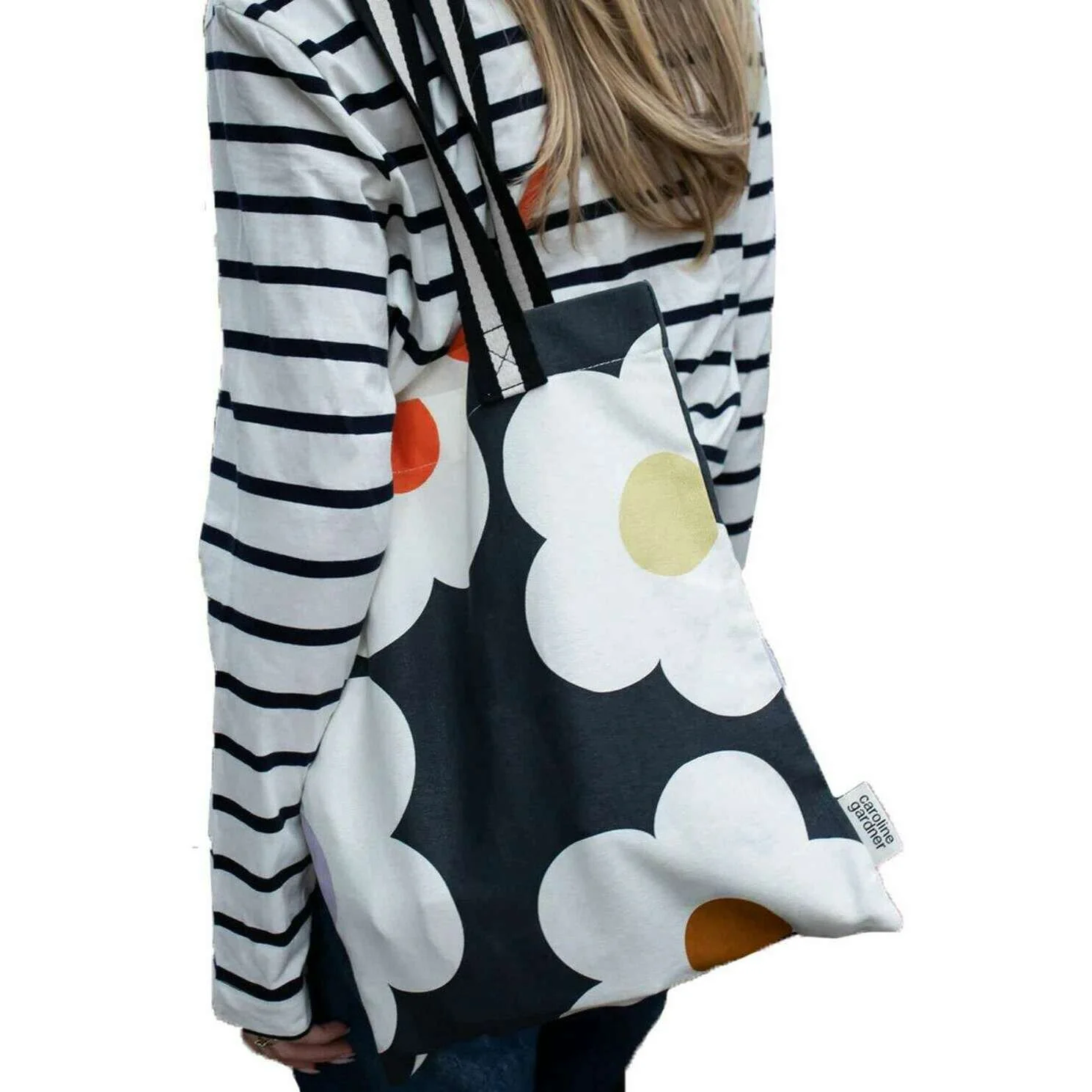 Caroline Gardner Flower Book Bag - Charcoal Black/White - Image 4