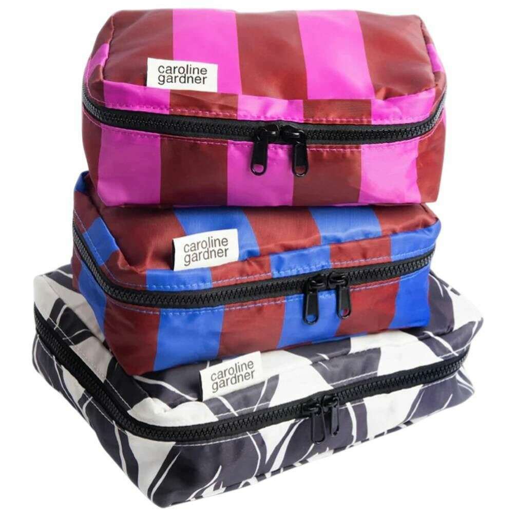 Caroline Gardner Mono Linked Hearts and Stripe Set of 3 Small Packing Cubes - Black/Blue/Pink