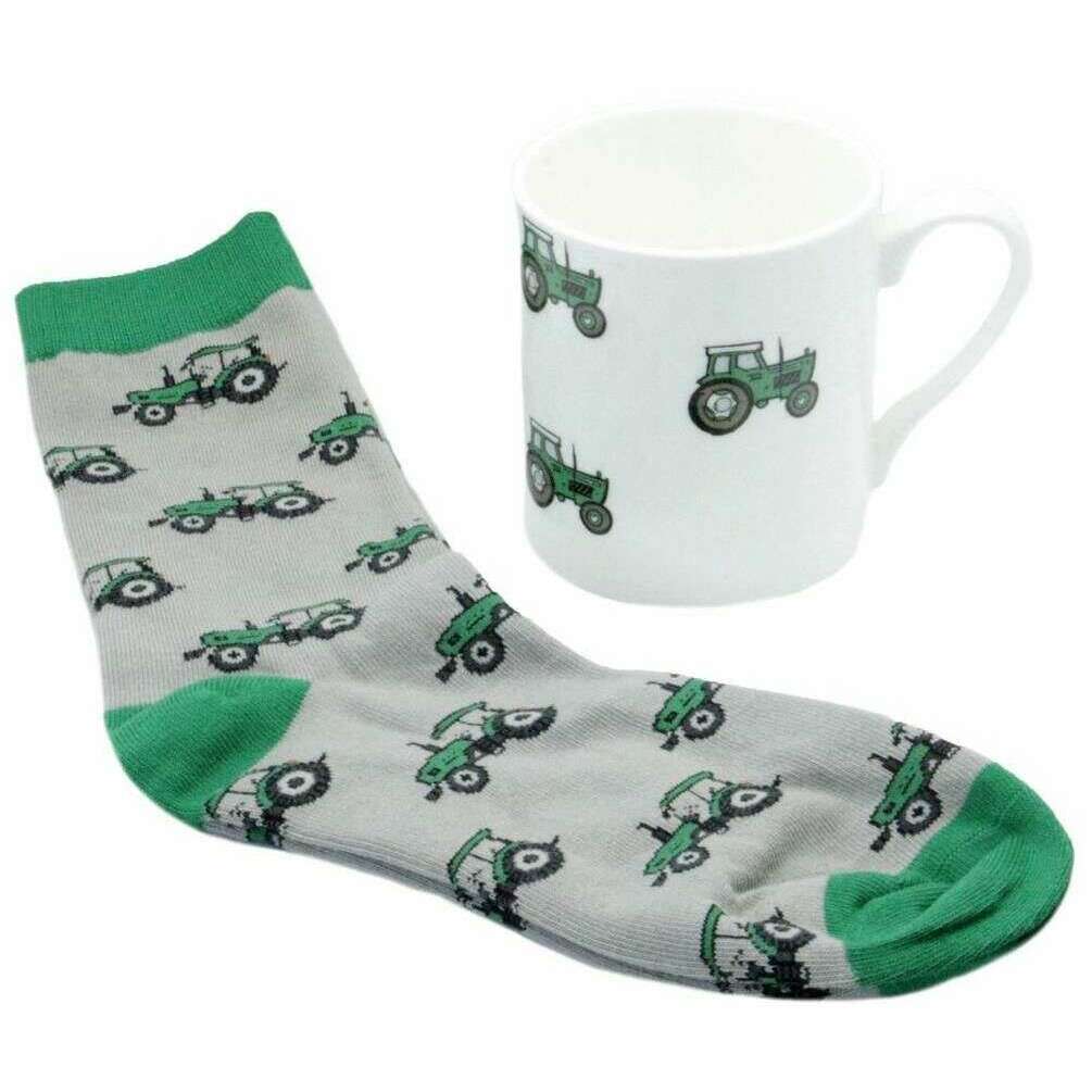 David Aster Green Tractor Mug and Sock Set - White