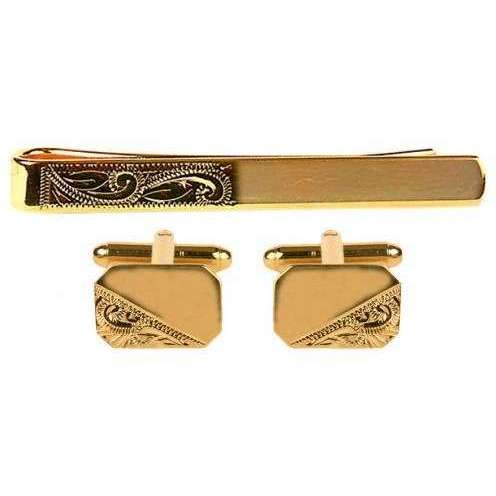 David Van Hagen Engraved Cufflinks and Tie Slide Set - Gold