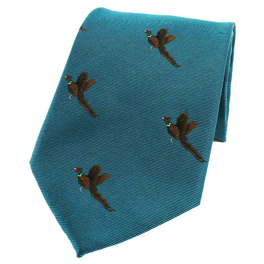 David Van Hagen Flying Pheasants Woven Country Silk Tie - Cyan