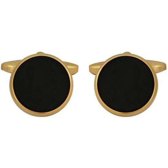 David Van Hagen Gold Plated Onyx Round Cufflinks - Black/Gold