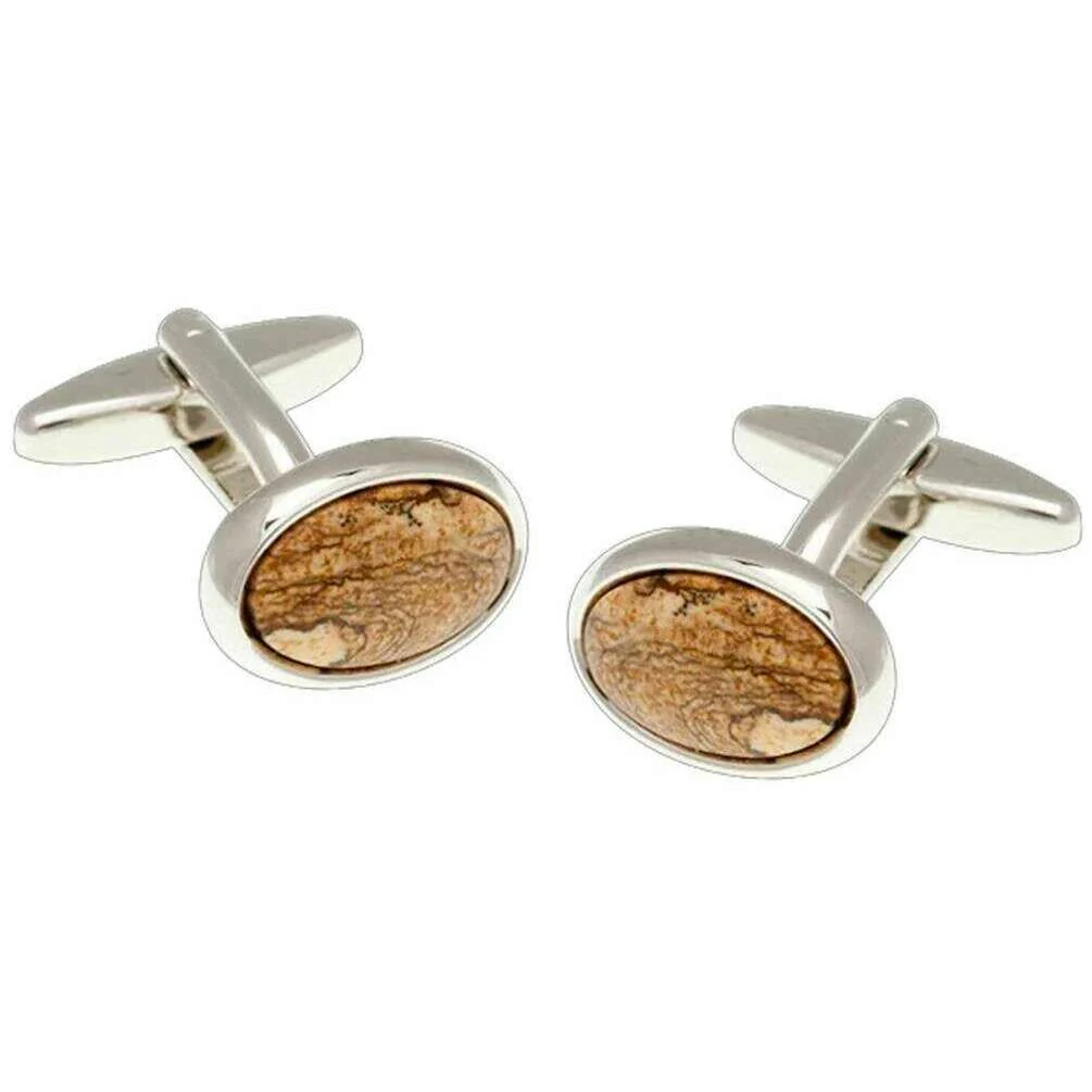 David Van Hagen Jasper Oval Cufflinks - Beige/Silver