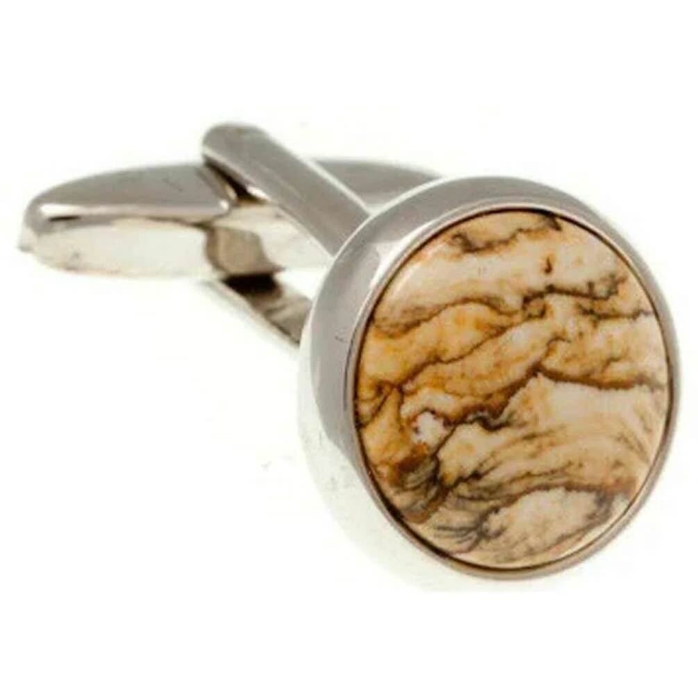 David Van Hagen Jasper Round Cufflinks - Beige/Silver - Image 2
