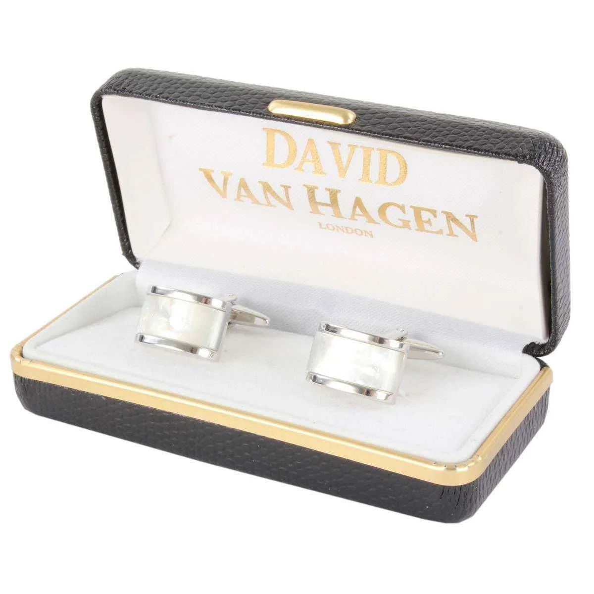 David Van Hagen Mother of Pearl Domed Rectangle Cufflinks - Silver/Cream - Image 6