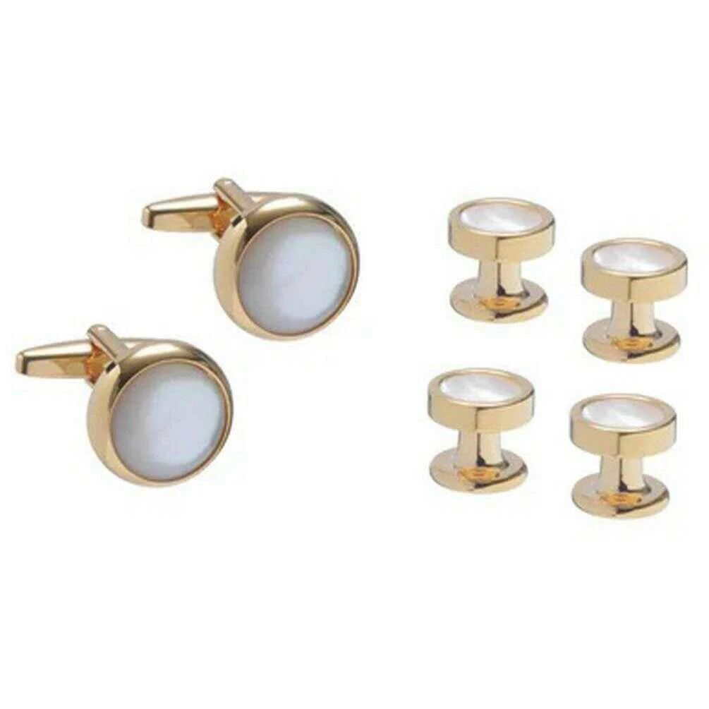 David Van Hagen Mother Of Pearl Dress Studs and Cufflinks Set - White/Gold