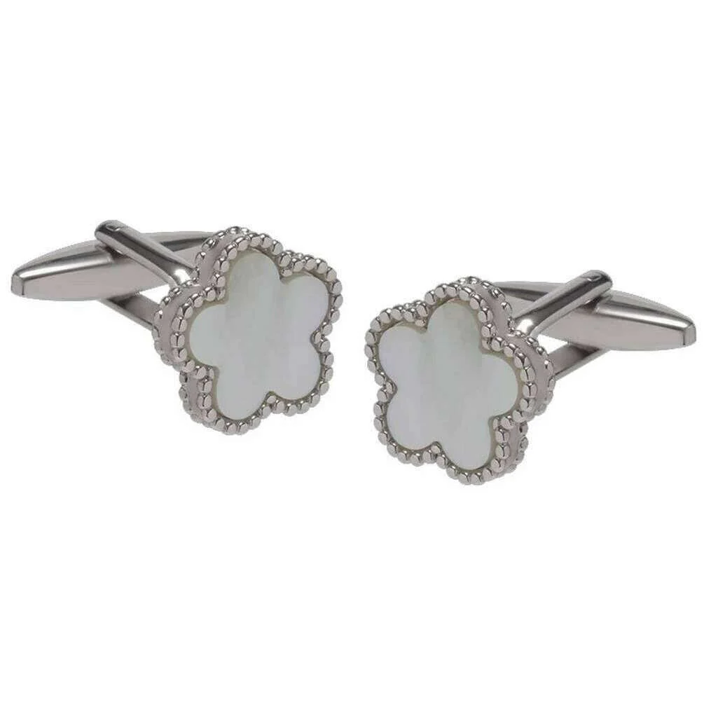 David Van Hagen Mother Of Pearl Flower Cufflinks - White/Silver
