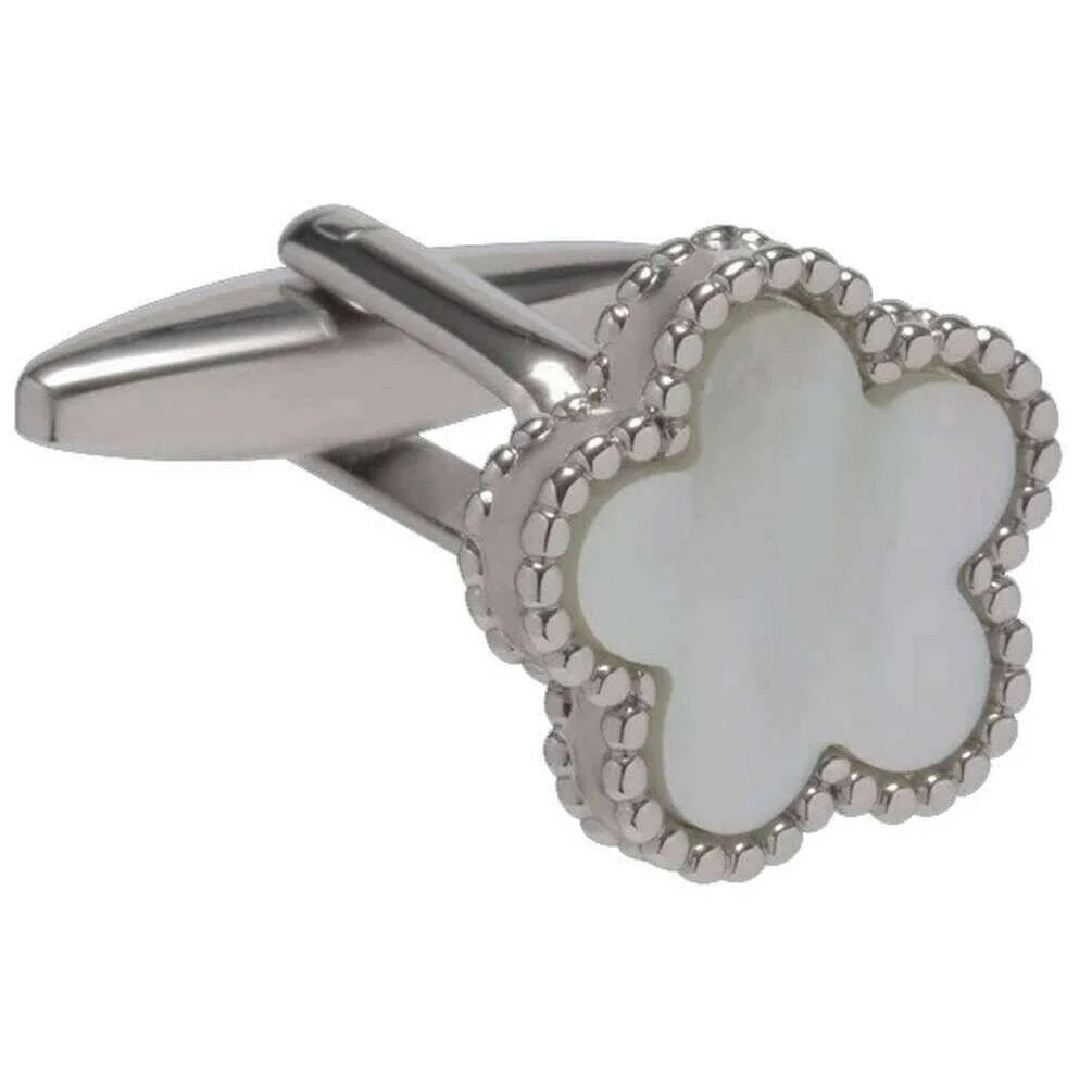 David Van Hagen Mother Of Pearl Flower Cufflinks - White/Silver - Image 2