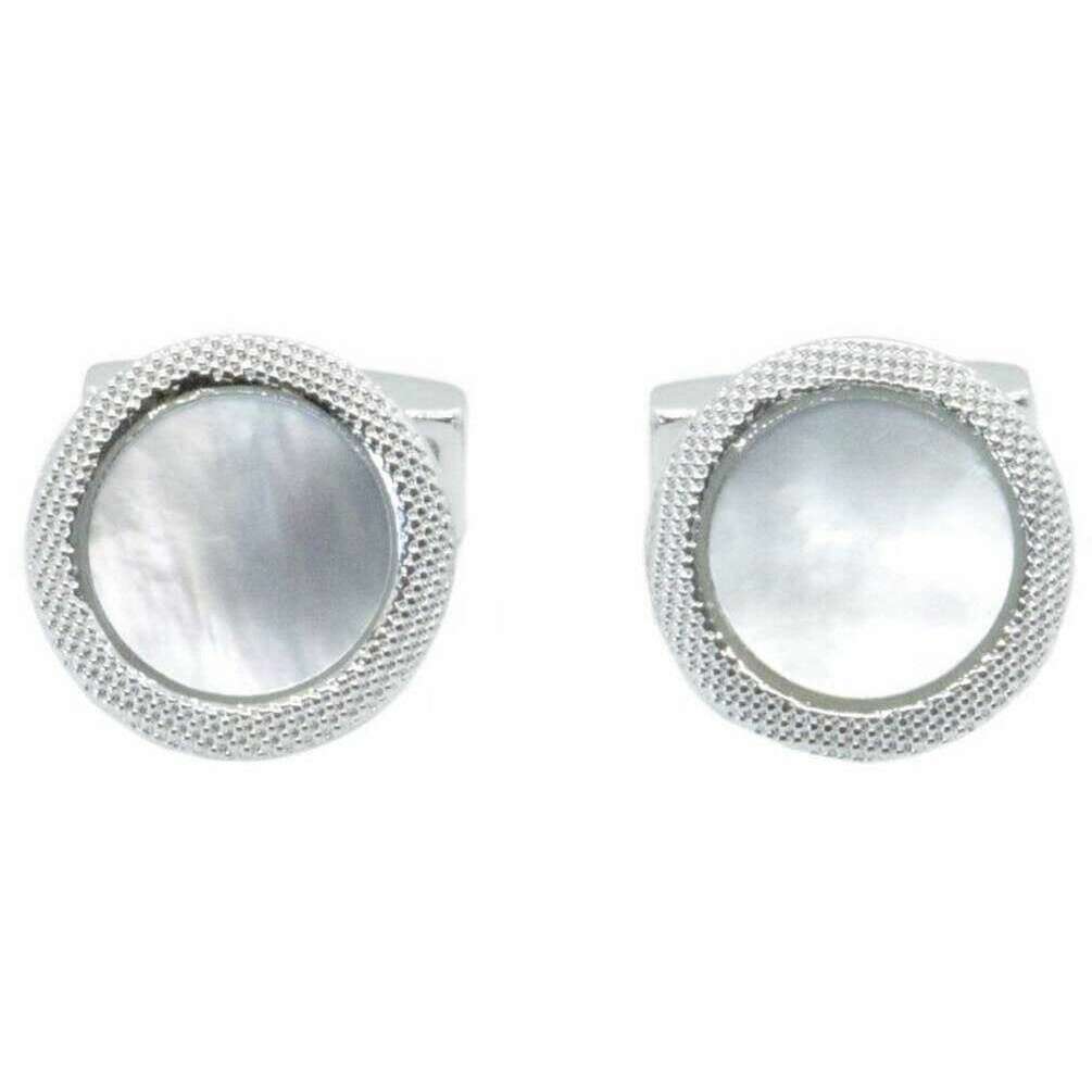 David Van Hagen Mother of Pearl Round Chequered Cufflinks - Silver