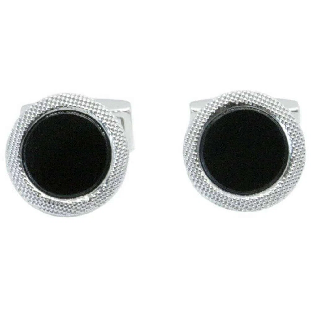 David Van Hagen Onyx Round Chequered Edge Cufflinks - Silver