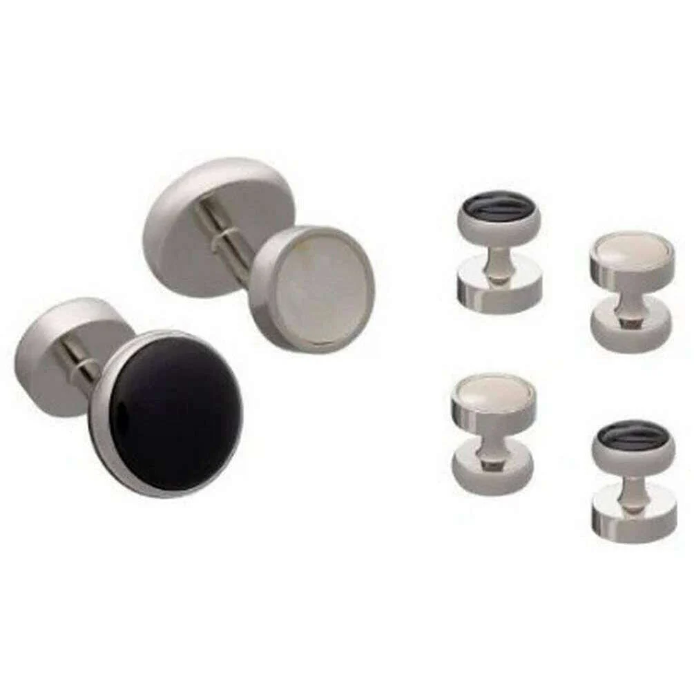 David Van Hagen Reversible Onyx and Mother Of Pearl Cufflink and Dress Stud Set - Black/White/Silver
