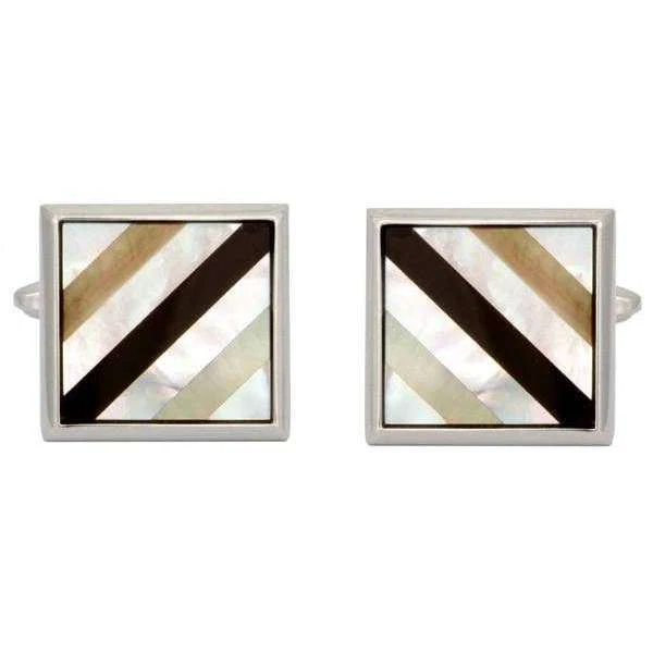 David Van Hagen Rhodium Plated Mother of Pearl and Onyx Striped Square Cufflinks - White/Black/Silver